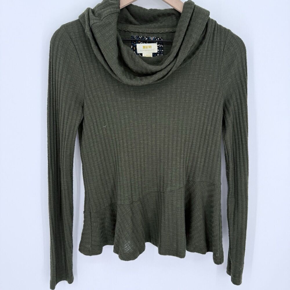 Maeve Green Waffle Knit Cowl Neck Thermal Top Size XS